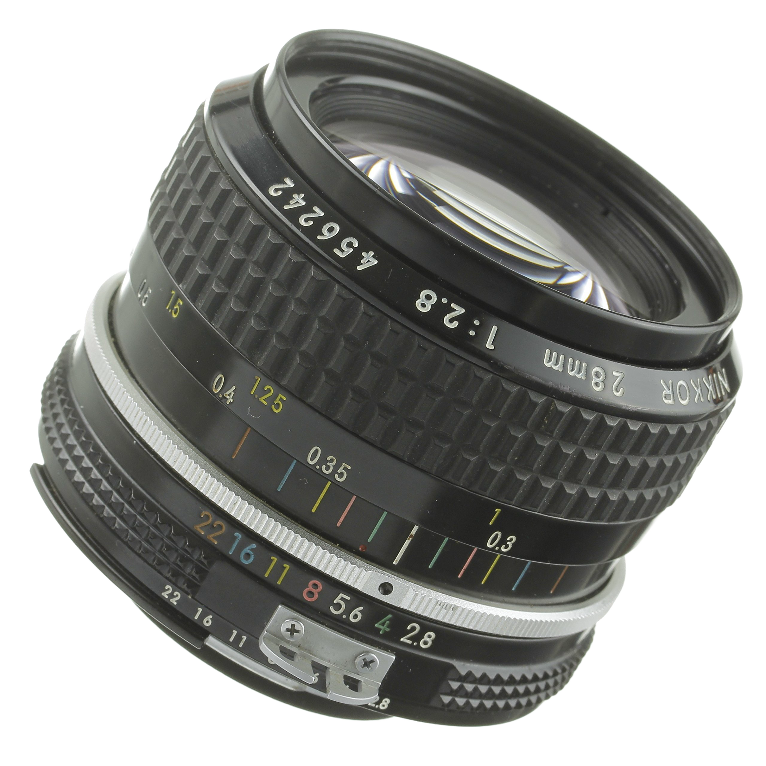 A close-up of a vintage camera lens showing the aperture and focus markings with various numerical values.