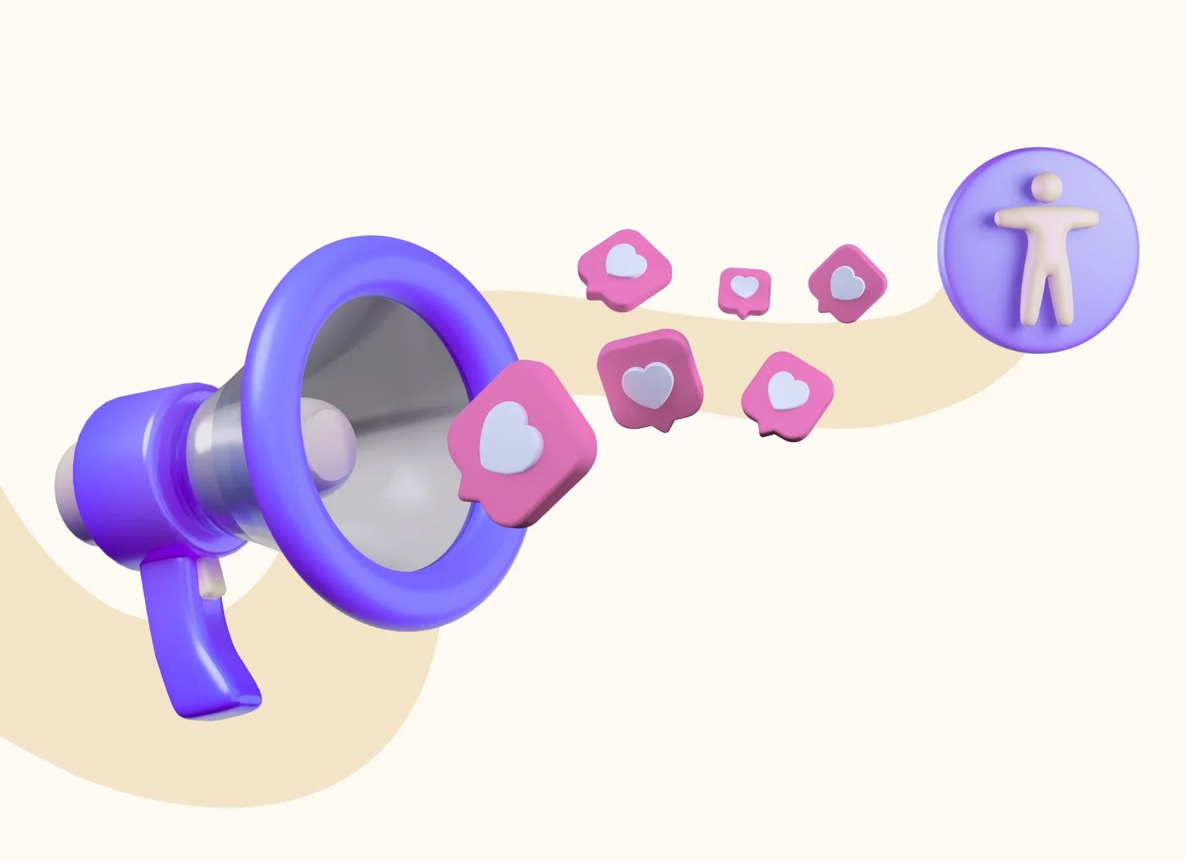 3D-kuvitus, jossa megafonista tulee ulos sydämiä. Lisäksi kuvassa on saavutettavuussymboli.