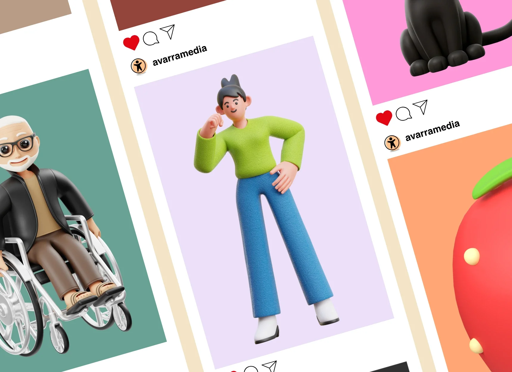 Kolme sosiaalisen median syötevirtaa, joiden kuvissa näkyy 3D-hahmoina pyörätuolissa oleva mies, tyttö, kissa ja mansikka.