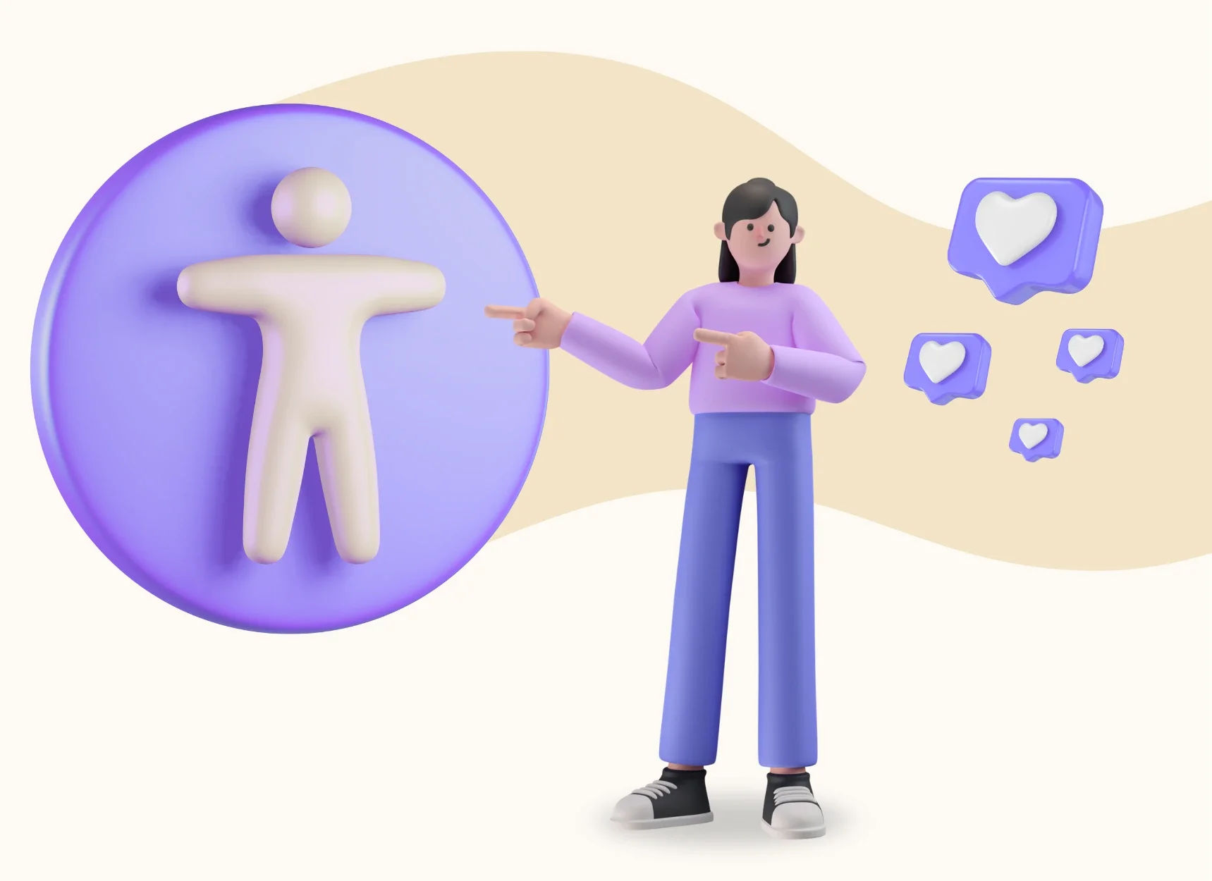 3D-kuvitus tytöstä, joka osoittaa saavutettavuussymbolia. Kuvassa on myös sydämiä.