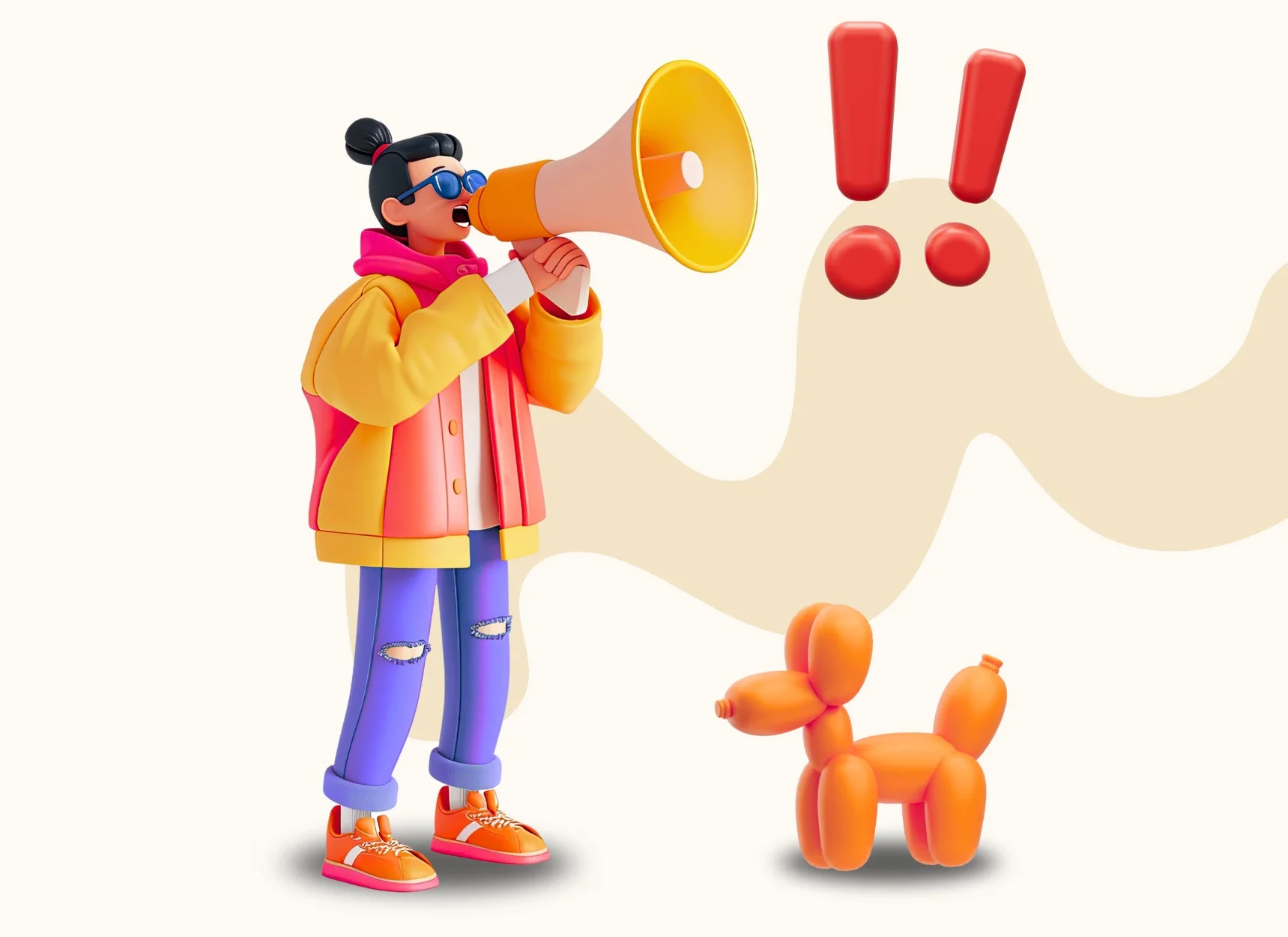 3D-kuvitus pojasta, joka puhuu megafoniin, josta tulee huutomerkkejä. Pojan vierellä on ilmapallosta muotoiltu koira.