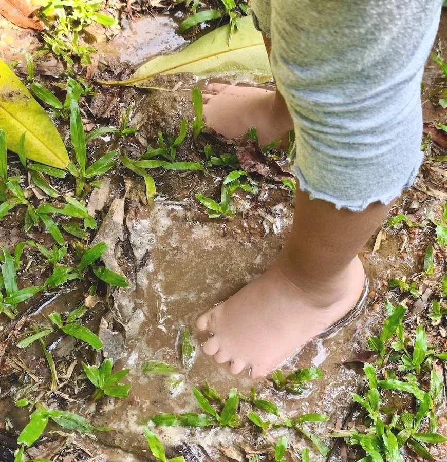 Children and adults in school uniforms examining a plant with a magnifying glass outdoors.