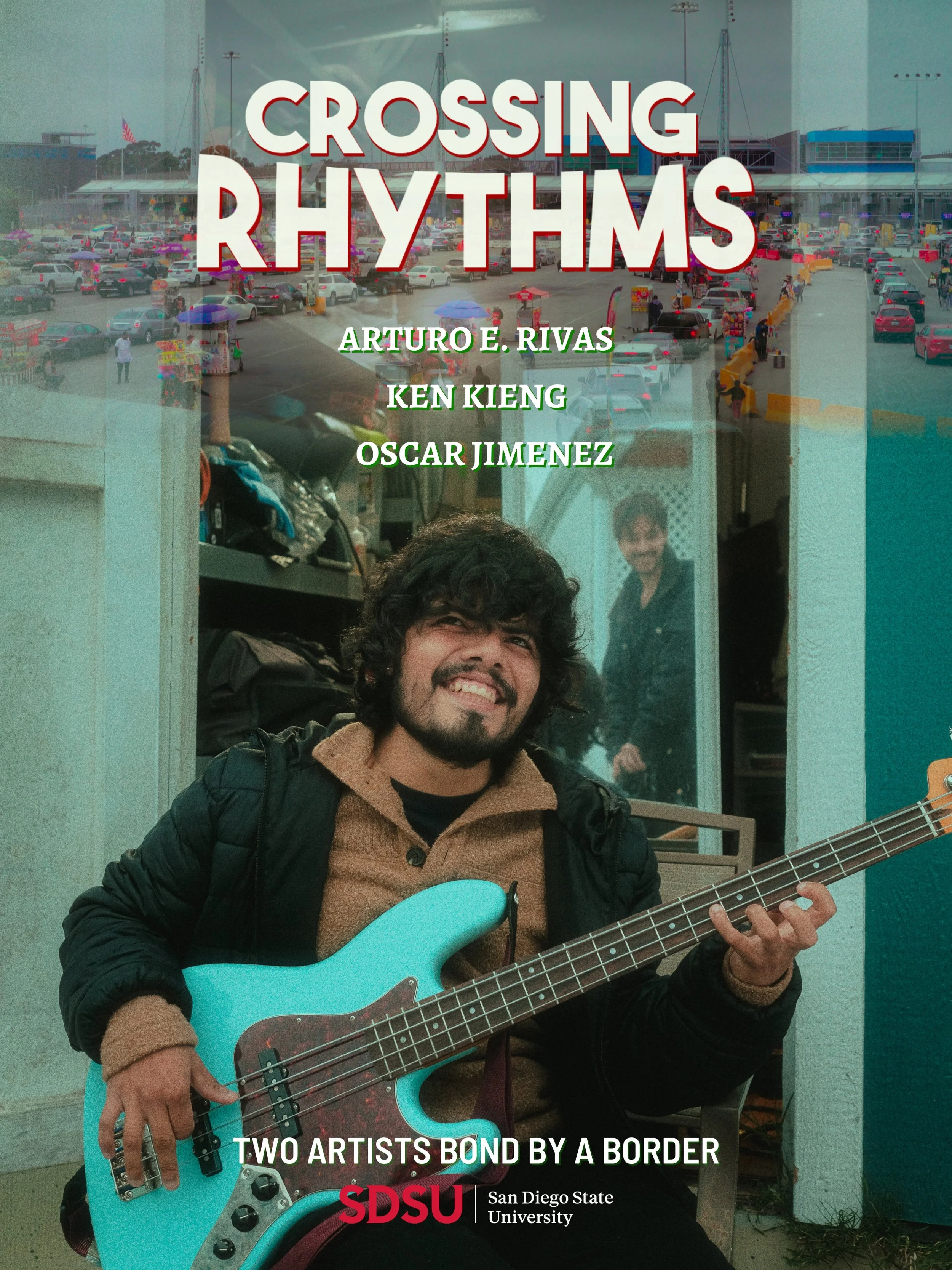 The cover of a book titled "Crossing Rhythms" features a man with curly dark hair and a beard, smiling and playing a light blue electric bass guitar. He is wearing a tan fleece jacket over a black shirt. Behind him, through a glass window, another person with curly hair is visible, smiling. The background includes a parking lot filled with cars, umbrellas, and a large building.