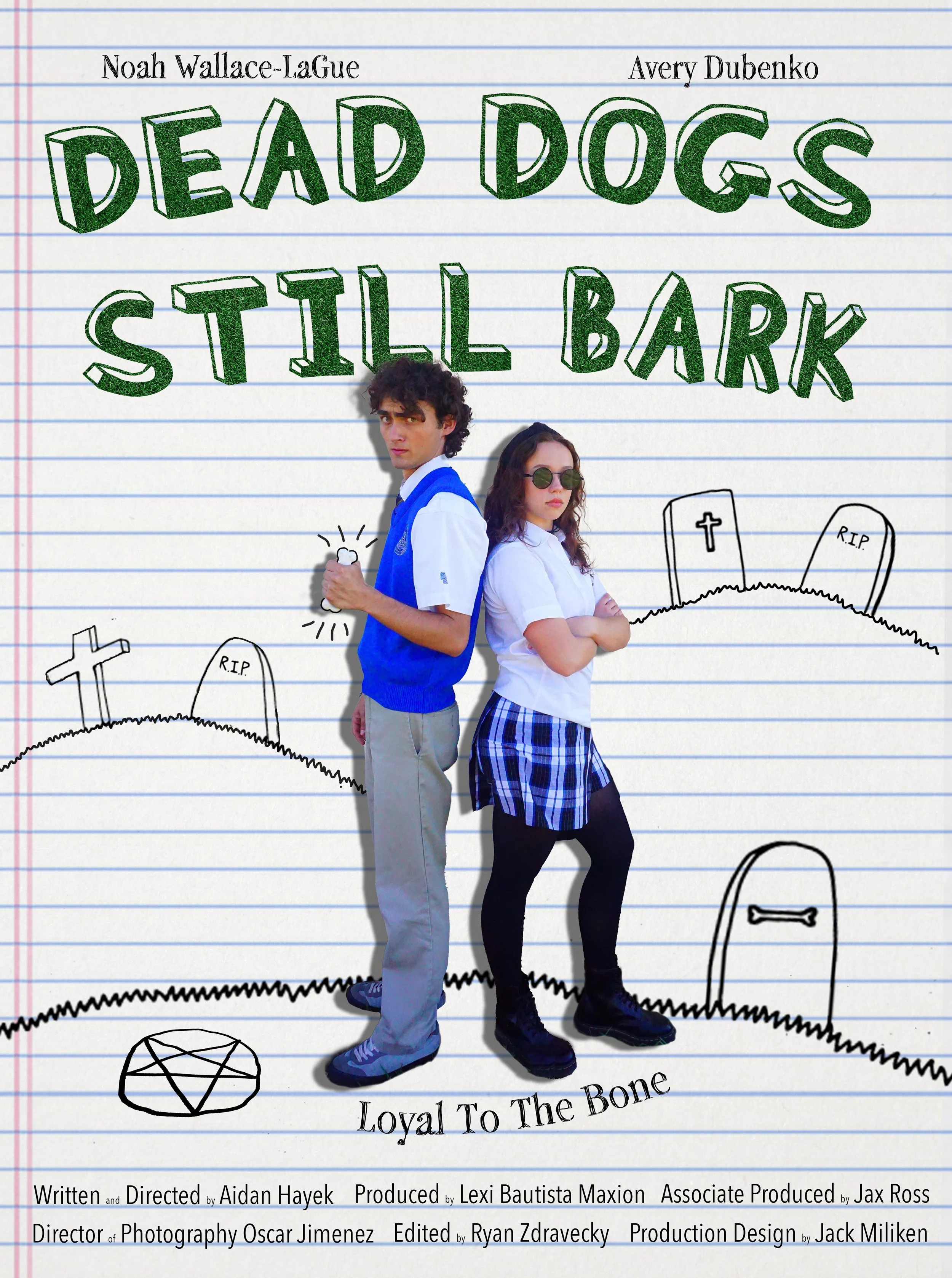 Book cover for 'Dead Dogs Still Bark' featuring two teenagers, a boy with curly hair wearing a blue sweater vest and khakis holding a glowing object, and a girl with sunglasses, wearing a white shirt, plaid skirt, and black boots, standing against lined notebook paper with black and white hand-drawn gravestones and crosses in the background.