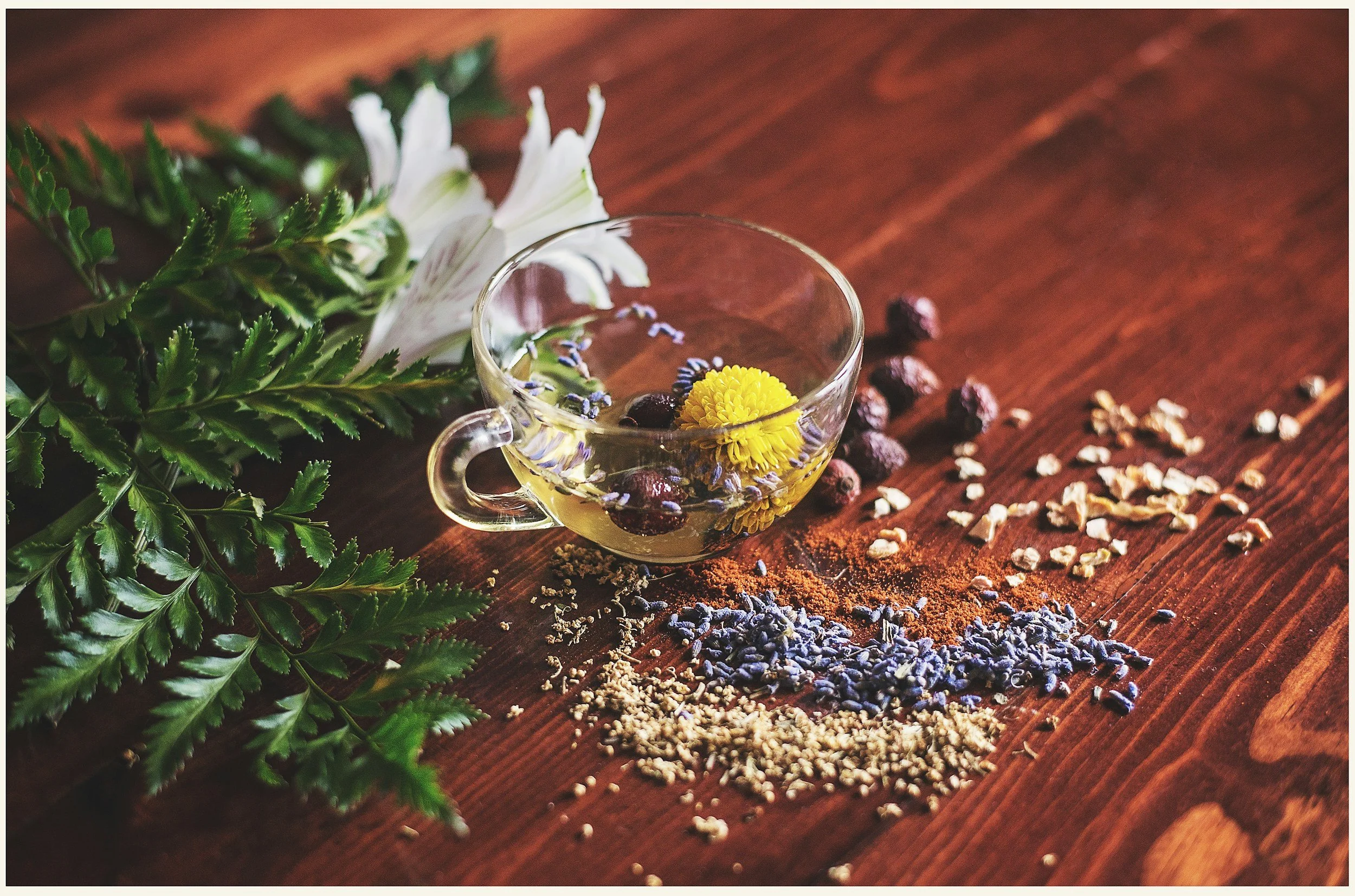 Glass teacup with herbal tea, surrounded by flowers and spices on a wooden table.