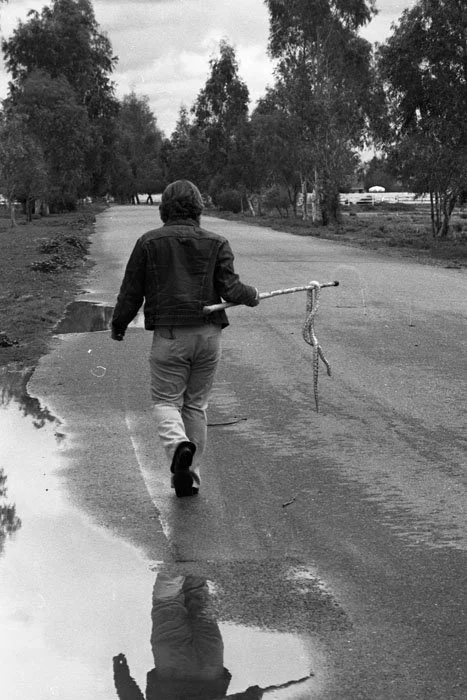 A person walking down a rural road holding a stick and a small bucket, with trees in the background and puddles on the side of the road.