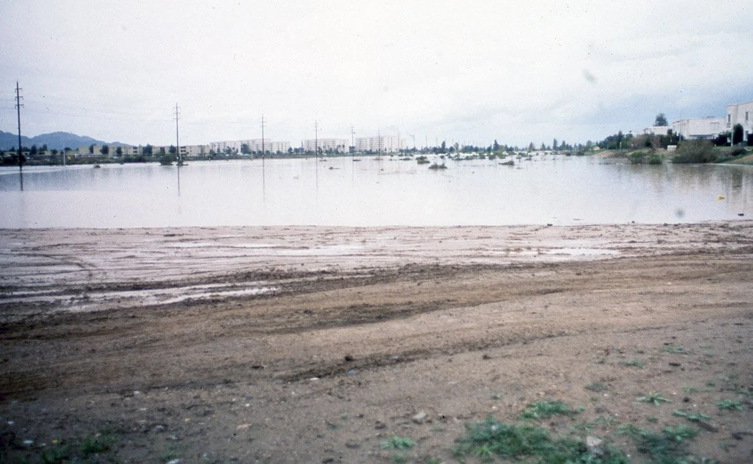 A muddy shoreline with a body of water, boats, and distant buildings under an overcast sky.