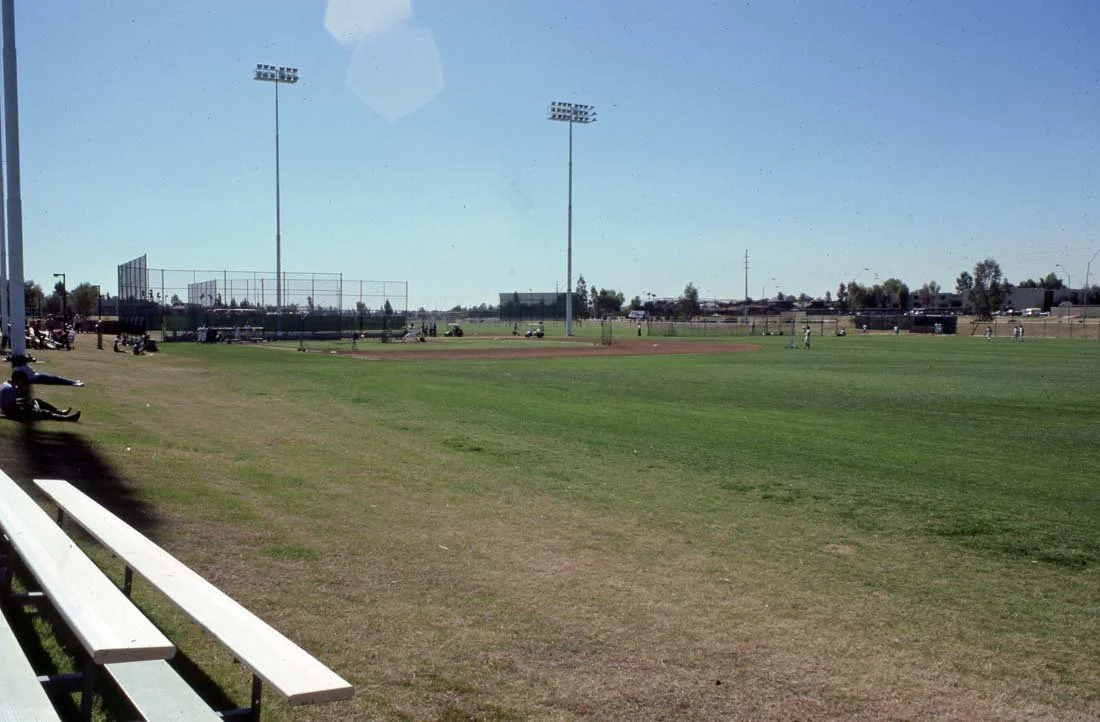A baseball field with players in the outfield, stadium lights, and benches along the sidelines on a sunny day.