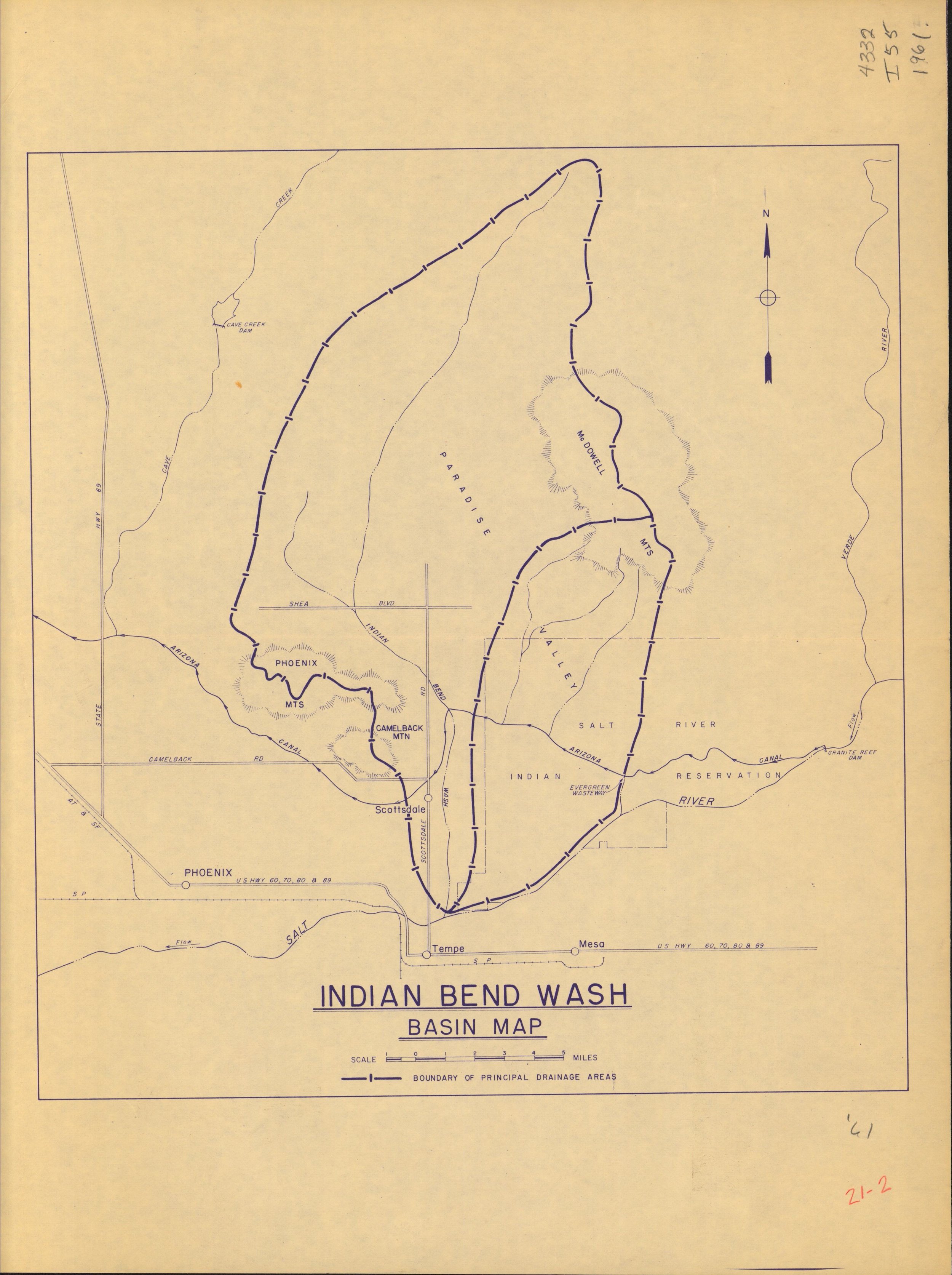 1961 Indian Bend Wash Basin Map showing Phoenix, Tempe Scottsdale Mesa before the Greenbelt