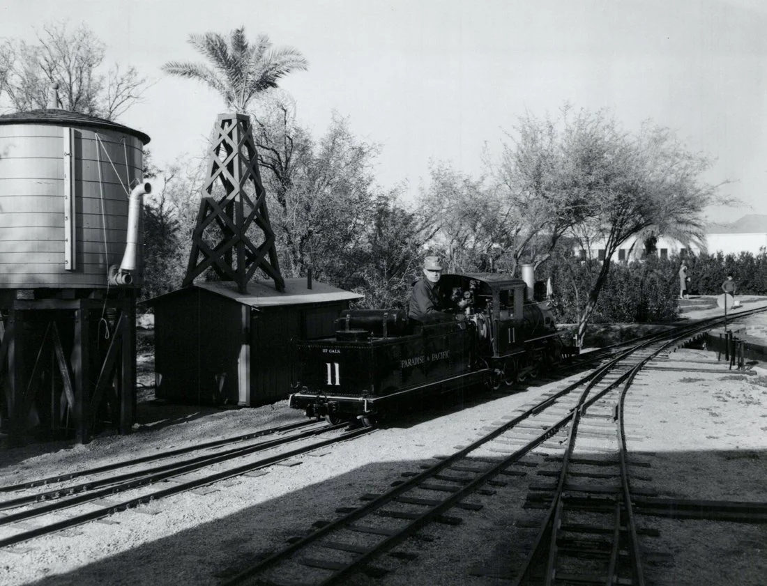 A vintage black steam locomotive with the number 11 and the words 'Pacific & Atlantic' on its side, with a person riding on top, running on railway tracks in a park-like setting with trees and water towers.