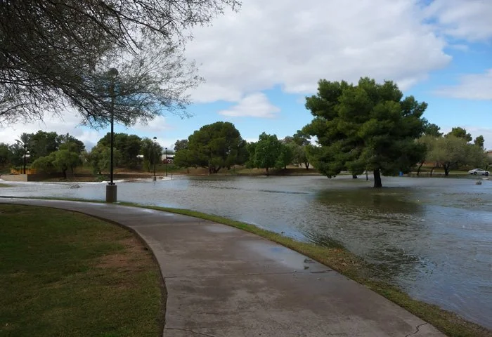 Park with flooded walkway and partially submerged trees under cloudy sky.
