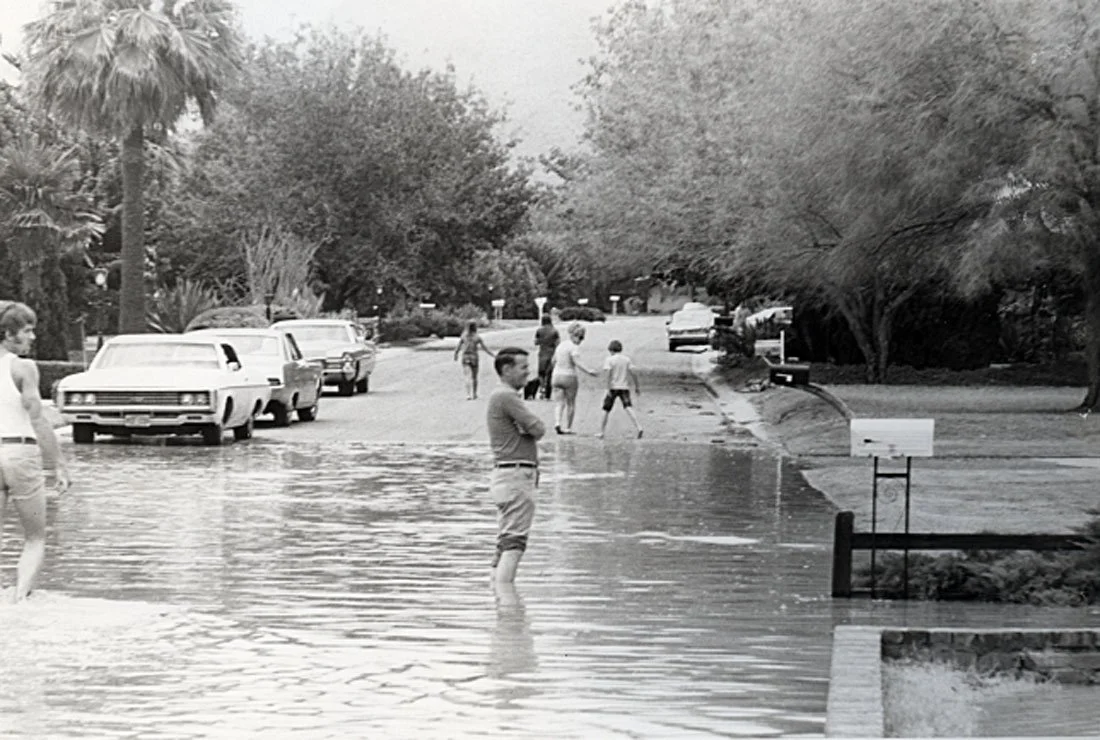 People wading through floodwaters on a street with parked cars and trees in the background during daytime.