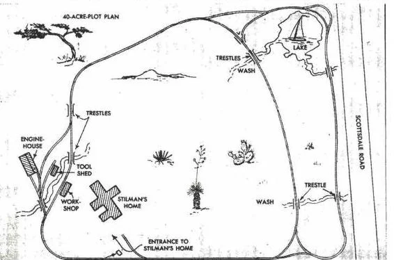 Hand-drawn 40-acre plot plan showing a lake in the top right corner, surrounded by trees, wash, and a trestle. Features include an engine house, tool shed, workshop, Stillman's home, an entrance to Stillman's home, and a dirt road running along the r