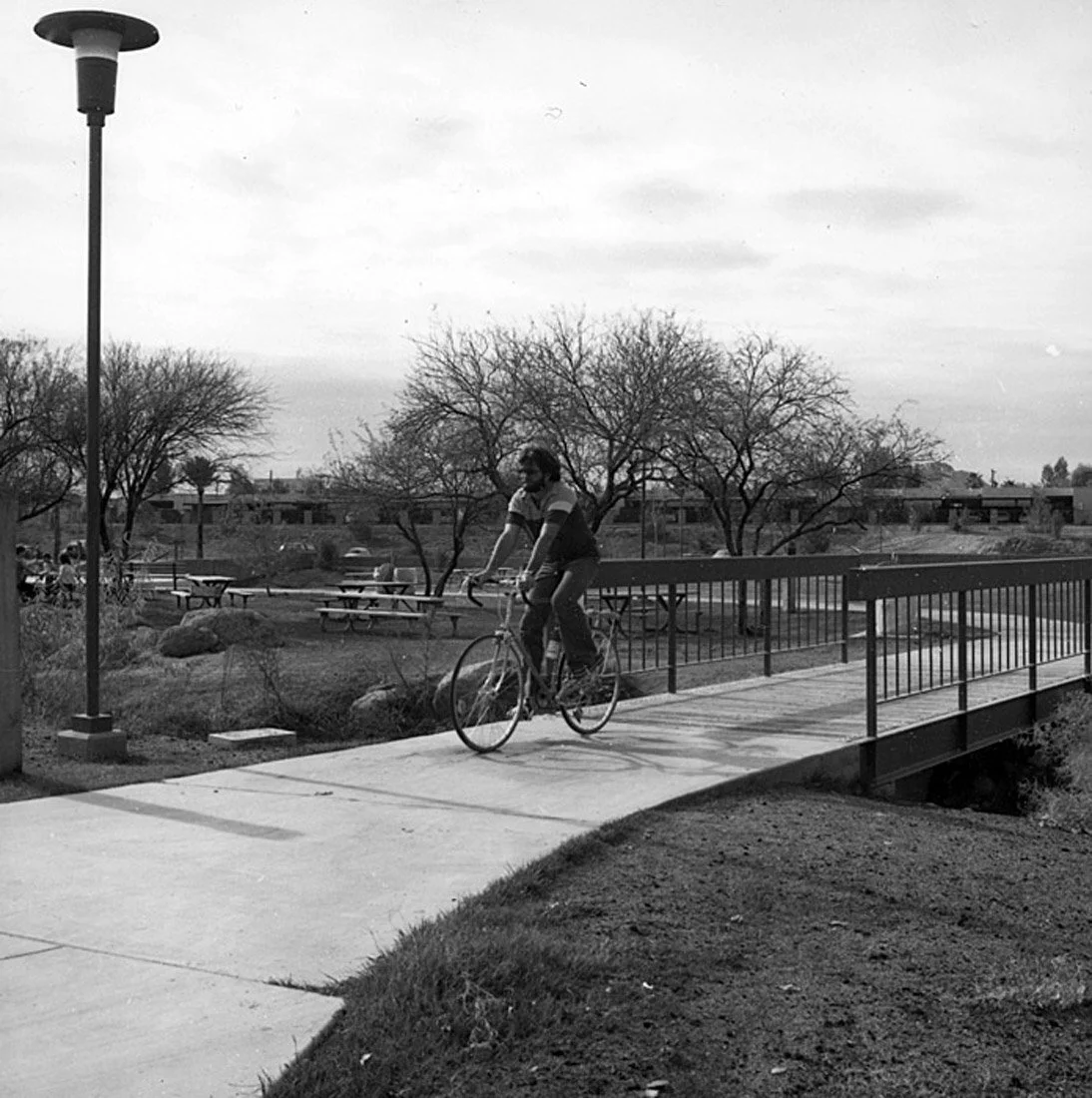 A person riding a bicycle across a small bridge in a park with leafless trees and benches in the background.