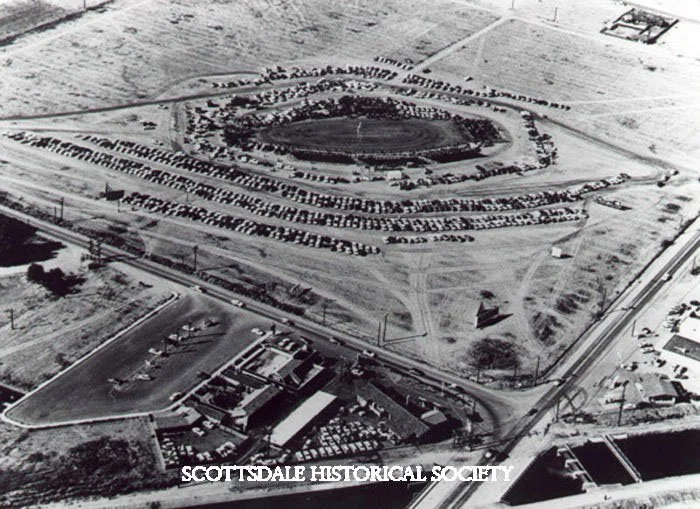 In 1957, the Scottsdale Jaycees added a rodeo to its annual Parada del Sol events. They built a rodeo grounds on former farm fields on the northwest corner of Scottsdale and Camelback Roads. The Jaycees built a replacement rodeo grounds adjacent to S