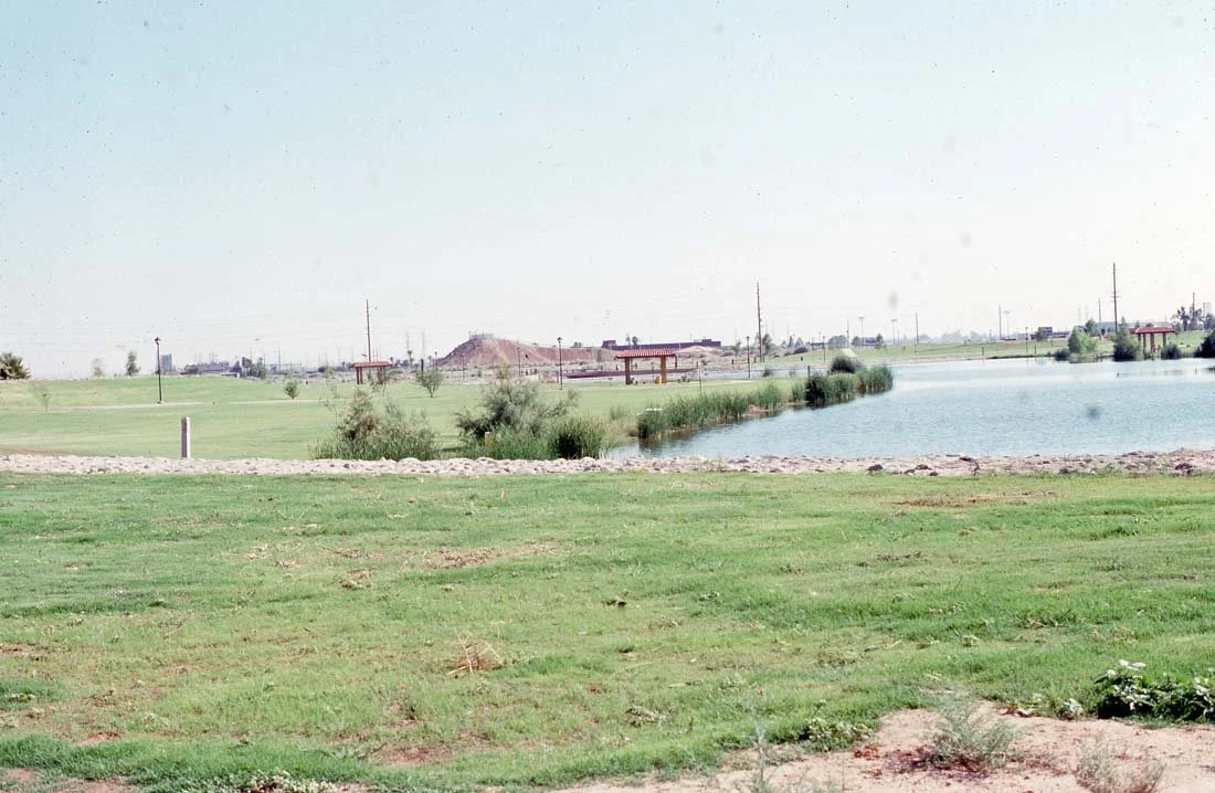 A wide landscape view of a park with a body of water in the middle, green grass, small bushes, distant trees, and a clear sky.