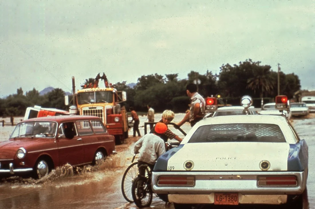 A flooded street with a police car, a red car, a bicyclist, and a police officer, with trees and trucks in the background.