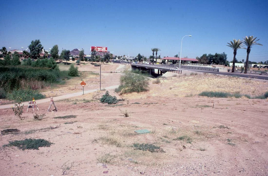 Desert landscape near a highway overpass, with sparse vegetation, a sidewalk, a billboard, and palm trees in the background.