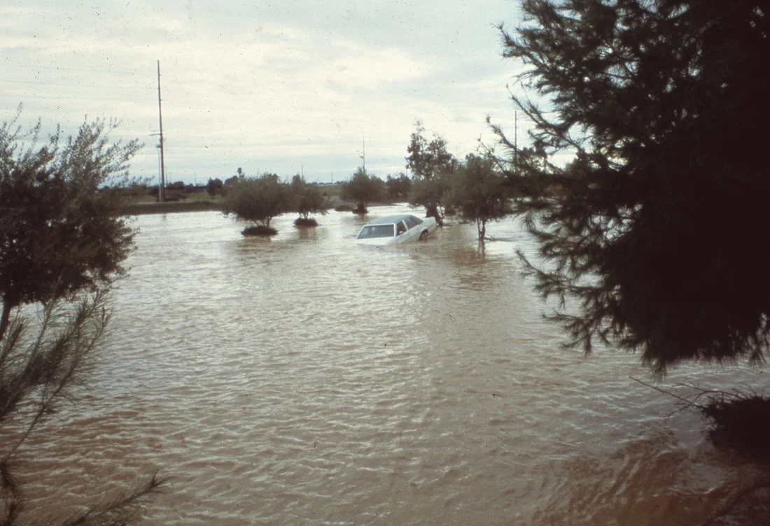 Flooded landscape with submerged trees and a partially submerged white vehicle in muddy water, overcast sky in the background.