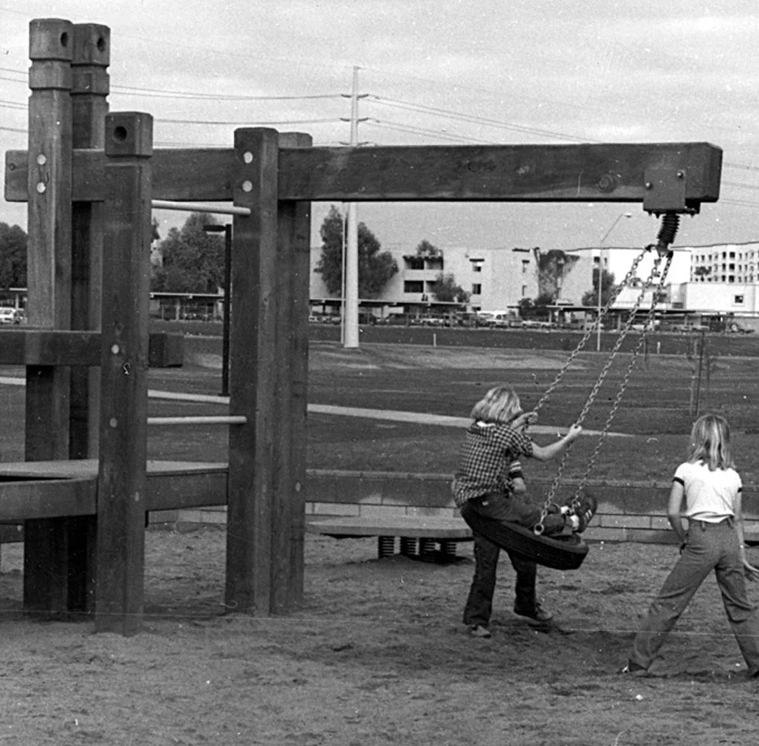 Children playing on a tire swing at a playground with a wooden structure, in a park or schoolyard, with buildings and power lines in the background.