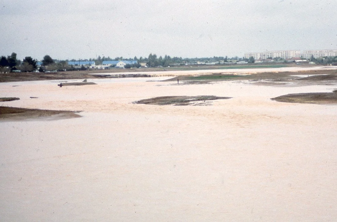 A sandy area with patches of grass and a river or lake, with some buildings and trees in the background under a gray sky.