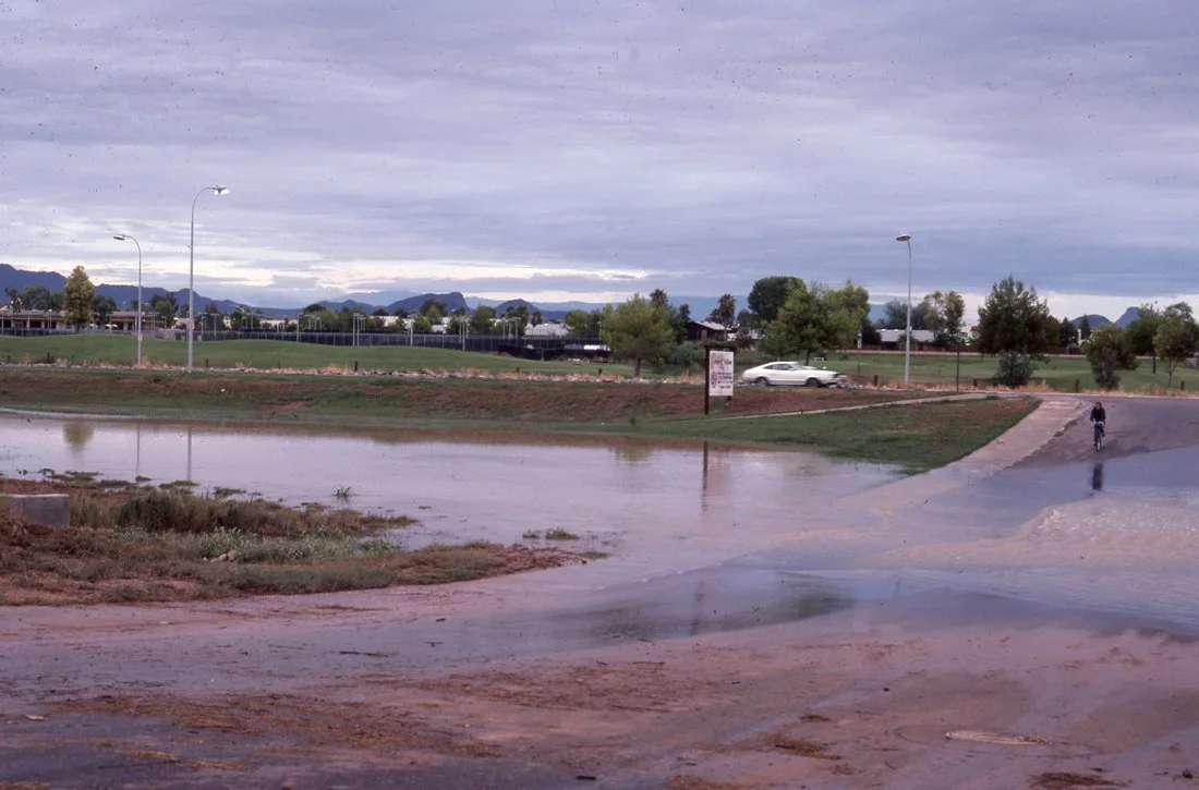 A flooded area with water on the road, some trees, streetlights, a car, a person riding a bike, and mountains in the background.