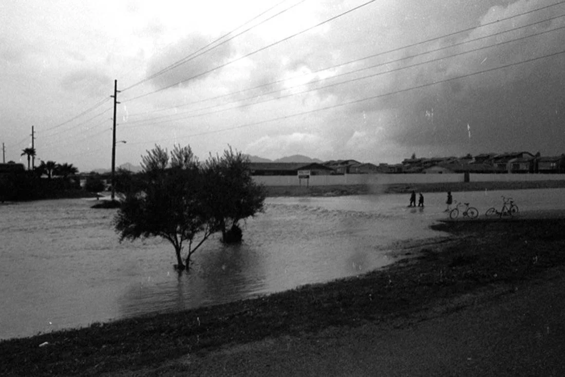 A flooded area with a tree partly submerged in water, three people walking on a sidewalk, and three bicycles parked nearby under cloudy skies.