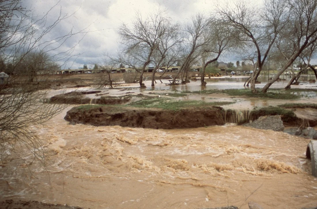 Floodwaters covering a road with muddy water, partially submerged trees, and a cloudy sky.