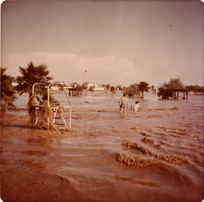 Flooded area with two people wading through muddy water, palm trees, and wooden structures in the background.