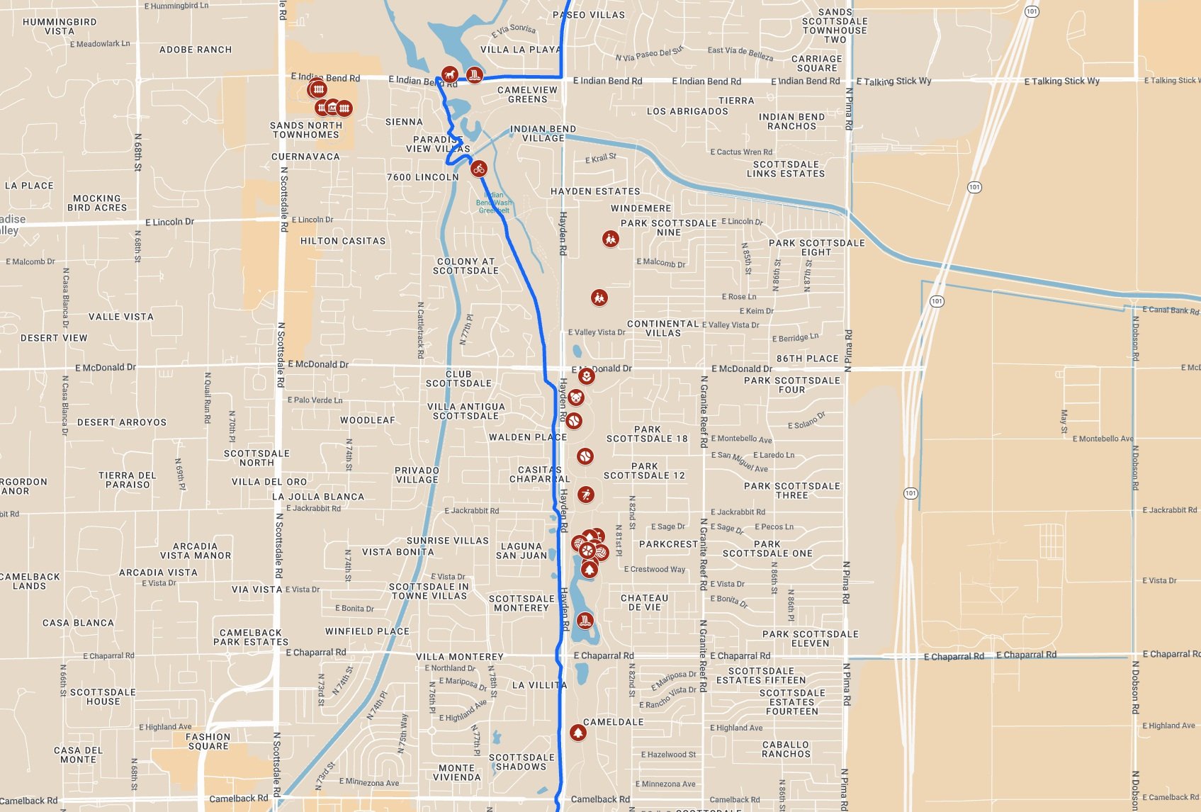 Scottsdale Greenbelt and Indian Bend Wash Trail interactive map