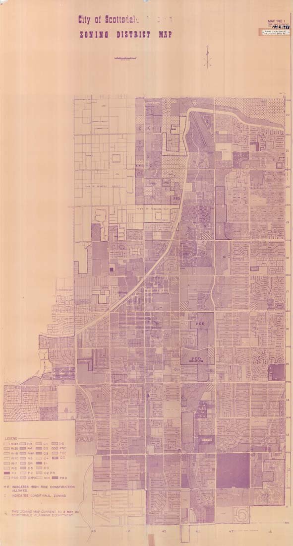 A zoning district map of Scottsdale, showing various zones and districts in different colors and marked with grid lines and labels.