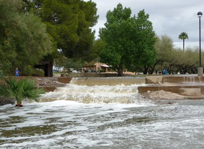 Flooded park with water flowing over stepped concrete barriers, surrounded by trees and a person standing on the left side.