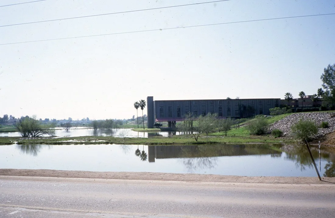 A body of water with trees and grass on the shore, a modern building in the background, and power lines overhead on a bright, sunny day.