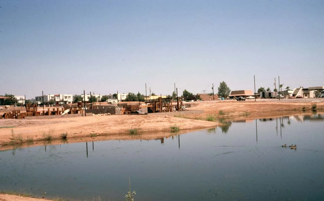 Suburban park with a small pond, construction materials, and residential houses in the background under a clear blue sky.