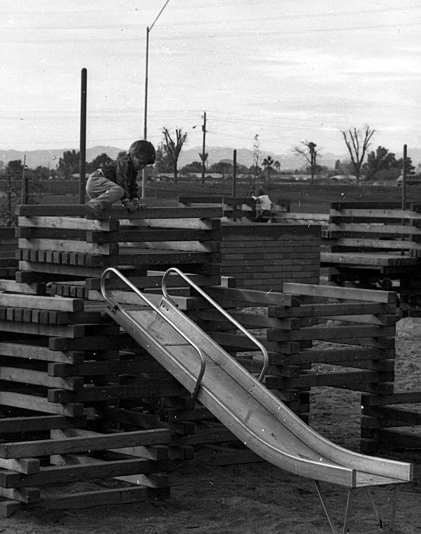 Child crouching atop a wooden platform of a playground structure with a metal slide, set in an outdoor park with trees and power lines in the background.