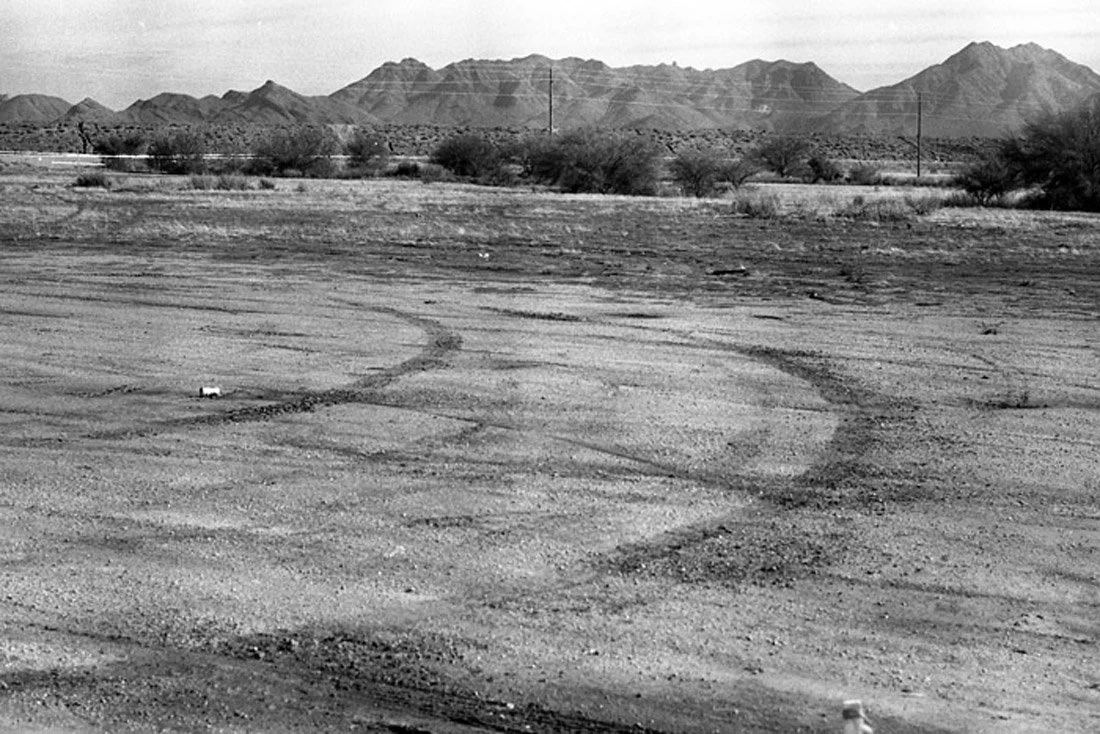 A gravelly desert landscape with tire tracks, sparse bushes, and mountains in the background.