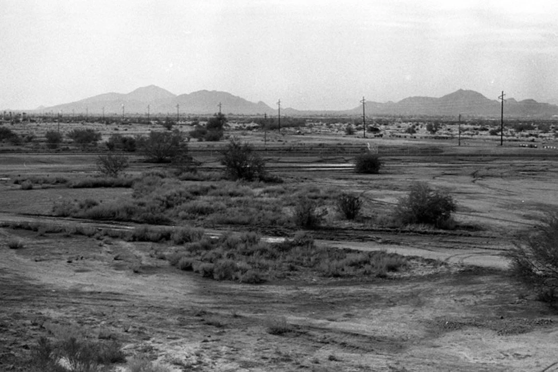 Desert landscape with sparse vegetation, power lines, and distant mountains in black and white.