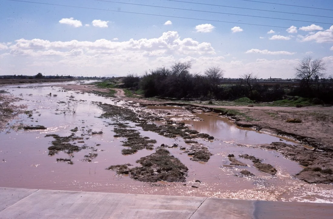Dried and muddy riverbed with patches of water, sparse bushes, and partly cloudy sky.