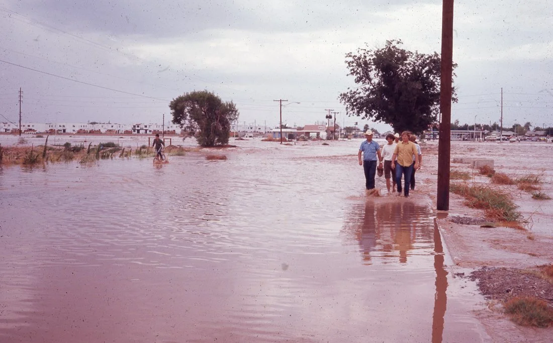 People walking through a flooded area with water reaching their ankles, overcast sky, trees, and utility poles visible.