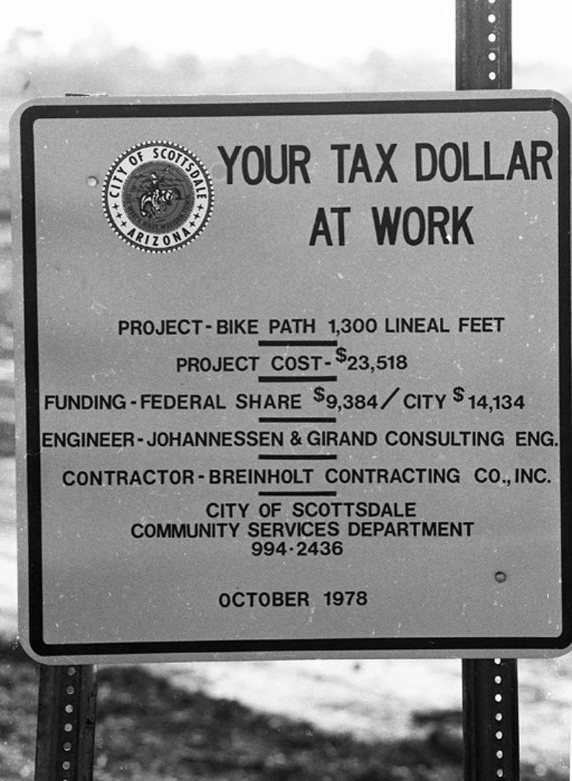 City of Scottsdale, Arizona sign about a bike path project, including project details, costs, funding, engineering, contractor, department, phone number, and date October 1978.