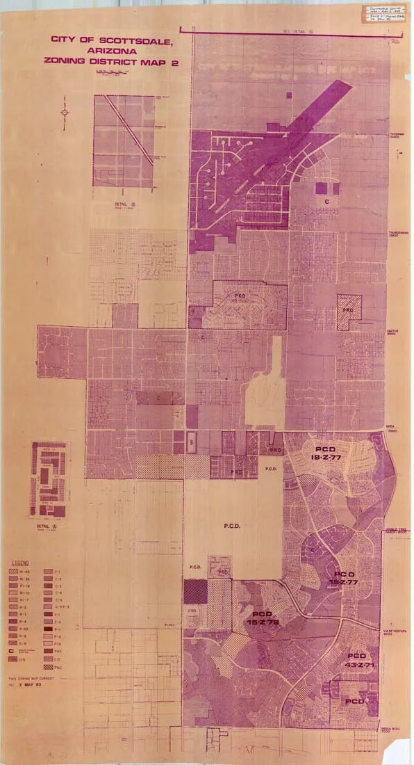 Map of Scottsdale, Arizona showing zoning districts and district boundaries from 1977, including PCD and other zoning classifications.
