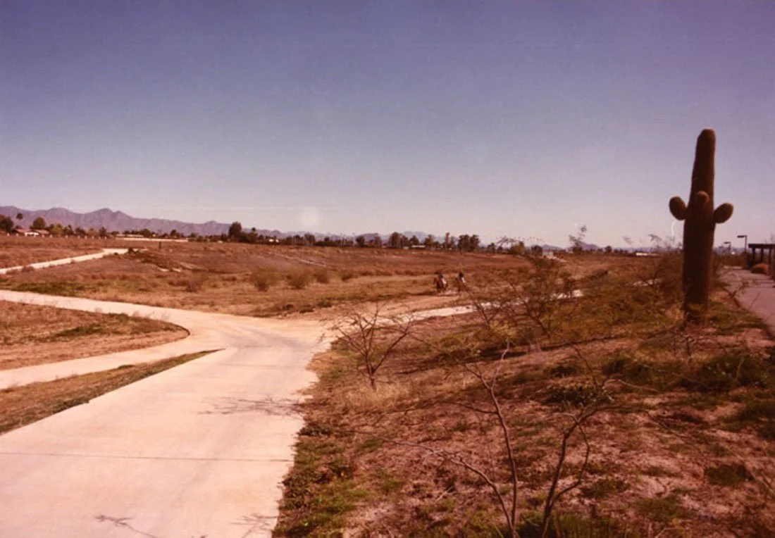 Desert-like landscape with a winding paved pathway, sparse bushes, and a large cactus sculpture on the right side. In the background, small groups of people are walking, with distant mountains and a clear horizon.