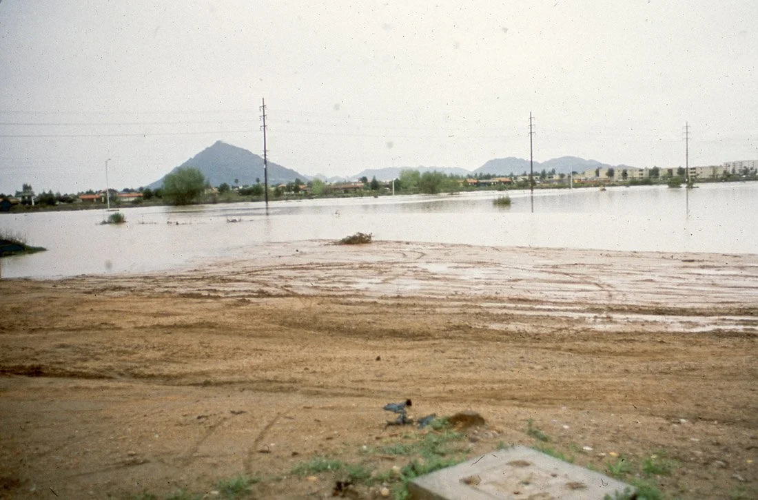 A flooded area with water covering the land, power lines, mountains in the background, and some small plants and debris on the ground.