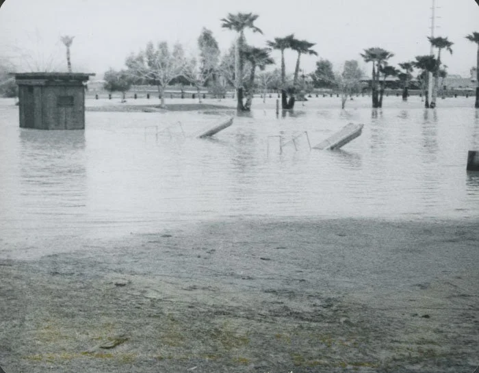 Flooded park with submerged benches and trees in black and white.