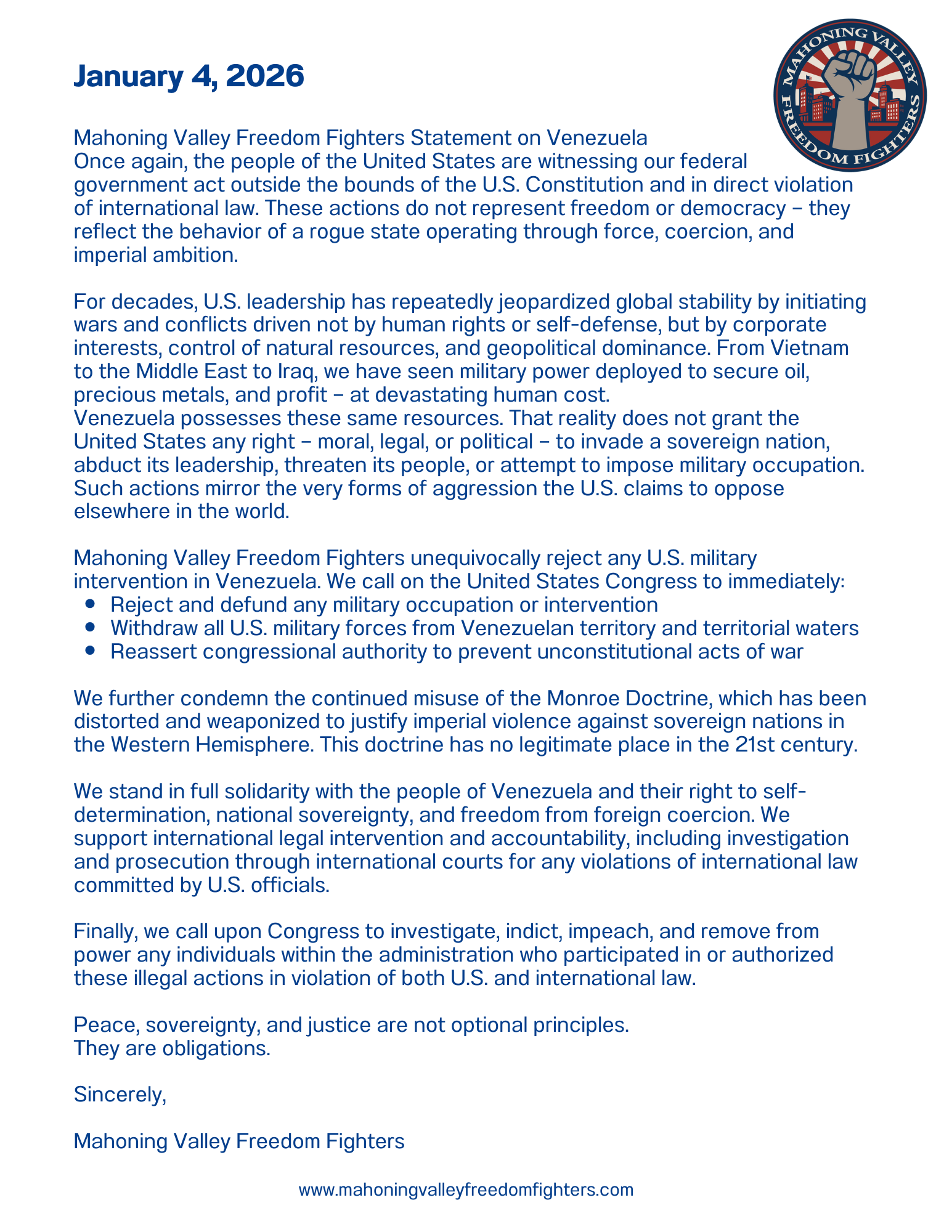 No War for Profit: A Statement Against U.S. Intervention in Venezuela