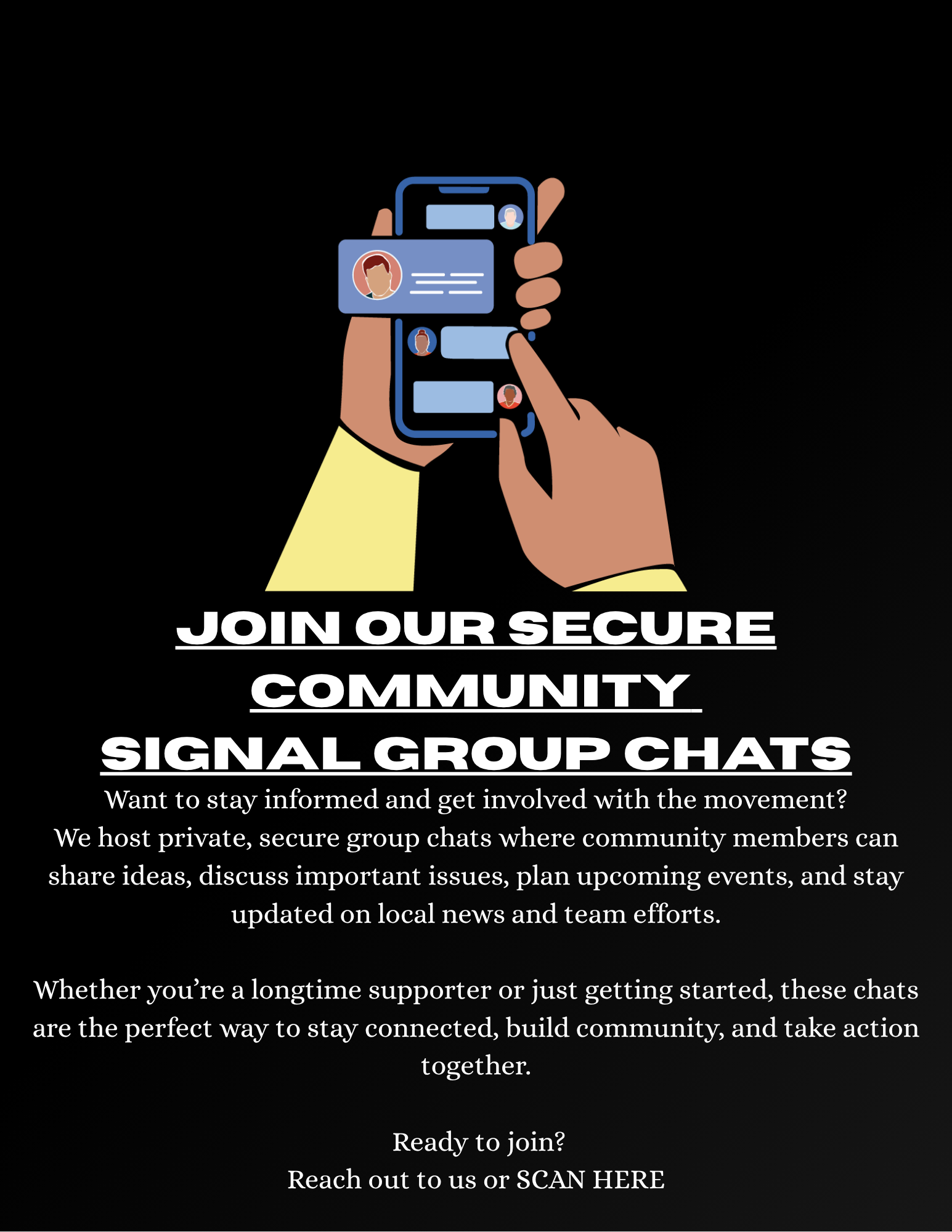Digital flyer promoting joining a community signal group chat, featuring a graphic of a person holding a smartphone with chat bubbles, and text inviting people to join secure, private group chats for sharing ideas, discussing issues, planning events, and staying updated.