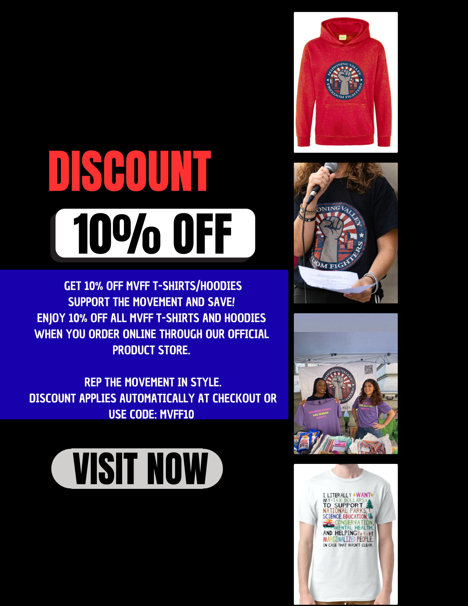 Promotional poster for discount on MVFF T-shirts and hoodies featuring images of a red hoodie, a person wearing the logo T-shirt, a vendor booth with women, and a person wearing a graphic T-shirt with colorful text.