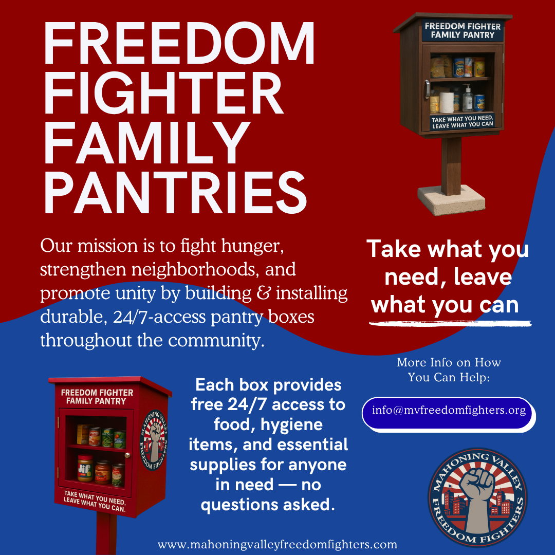 Informational poster for Mahoning Valley Freedom Fighters' Family Pantry, promoting community food aid with a cabinet of pantry items, mission statement, contact info, and logo.
