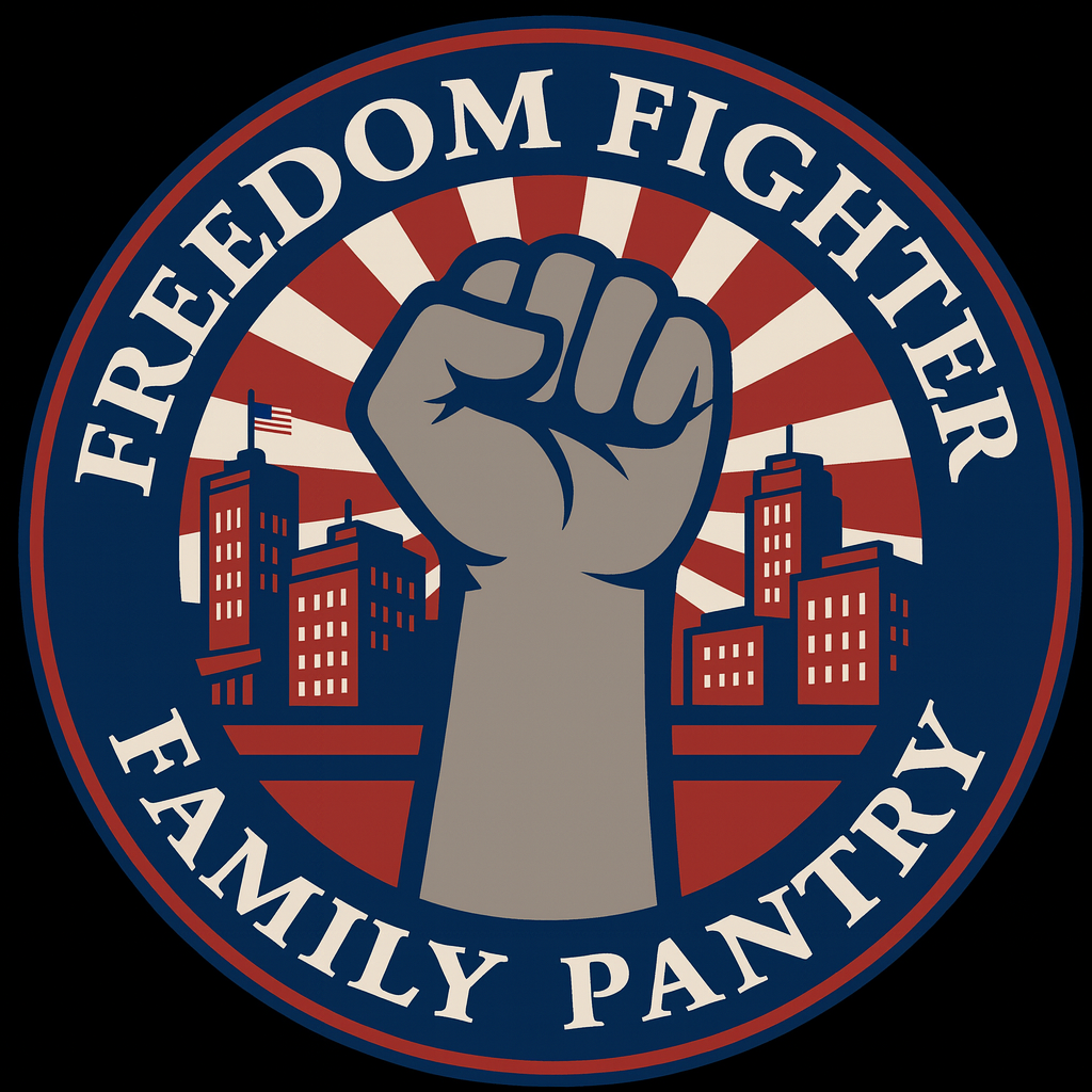 A circular emblem with a clenched fist raised in the center, surrounded by a city skyline, with the text 'FREEDOM FIGHTER FAMILY PANTY' around the border.