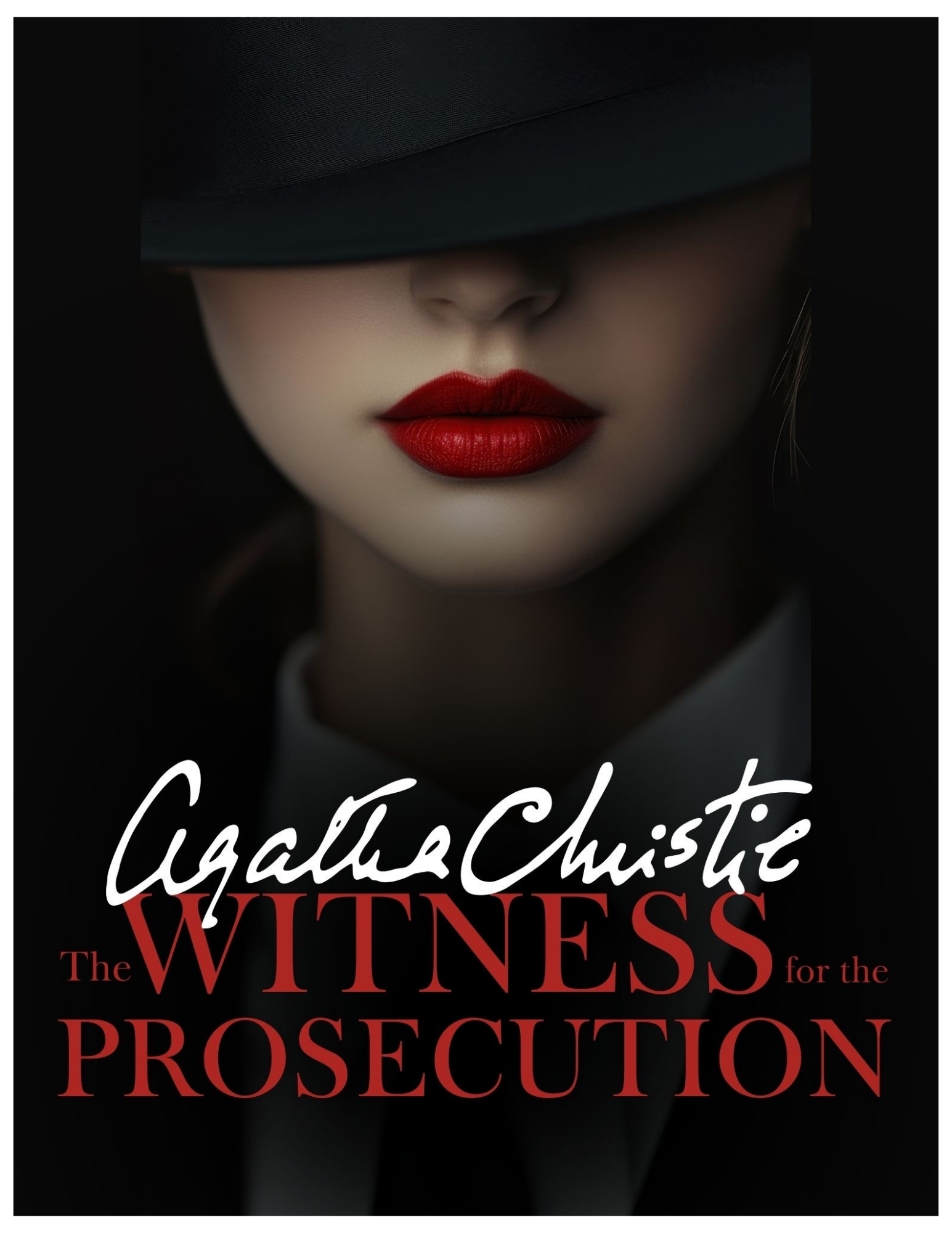 Close-up of a woman's face with red lipstick, partially obscured by a black hat, with text 'Agatha Christie' and 'The Witness for the Prosecution' on the cover.